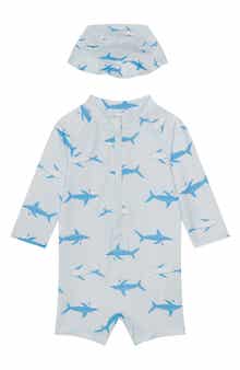 PL Baby by Petit Lem Shark Long Sleeve One-Piece Rashguard Swimsuit & Hat Set
