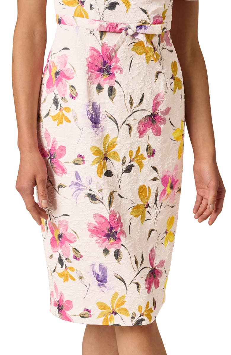 Adrianna Papell Floral Jacquard Bow Front Sheath Dress, Alternate, color, Blush Multi