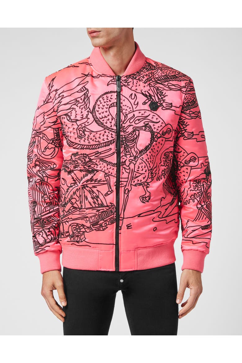 Satin Bomber Skeleton Tattoo Men, Main, color, Fuxia
