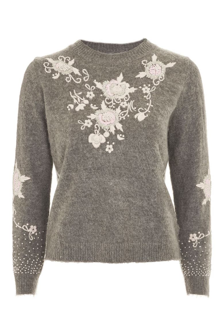 Beaded Embroidered Sweater, Alternate, color, GREY MARL MULTI