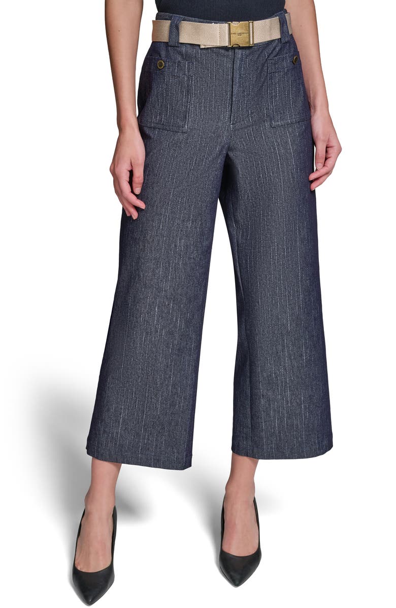 KARL LAGERFELD PARIS Belted Pinstripe Crop Denim Pants, Main, color, Dark Wash