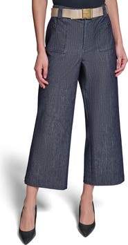 KARL LAGERFELD PARIS Belted Pinstripe Crop Denim Pants