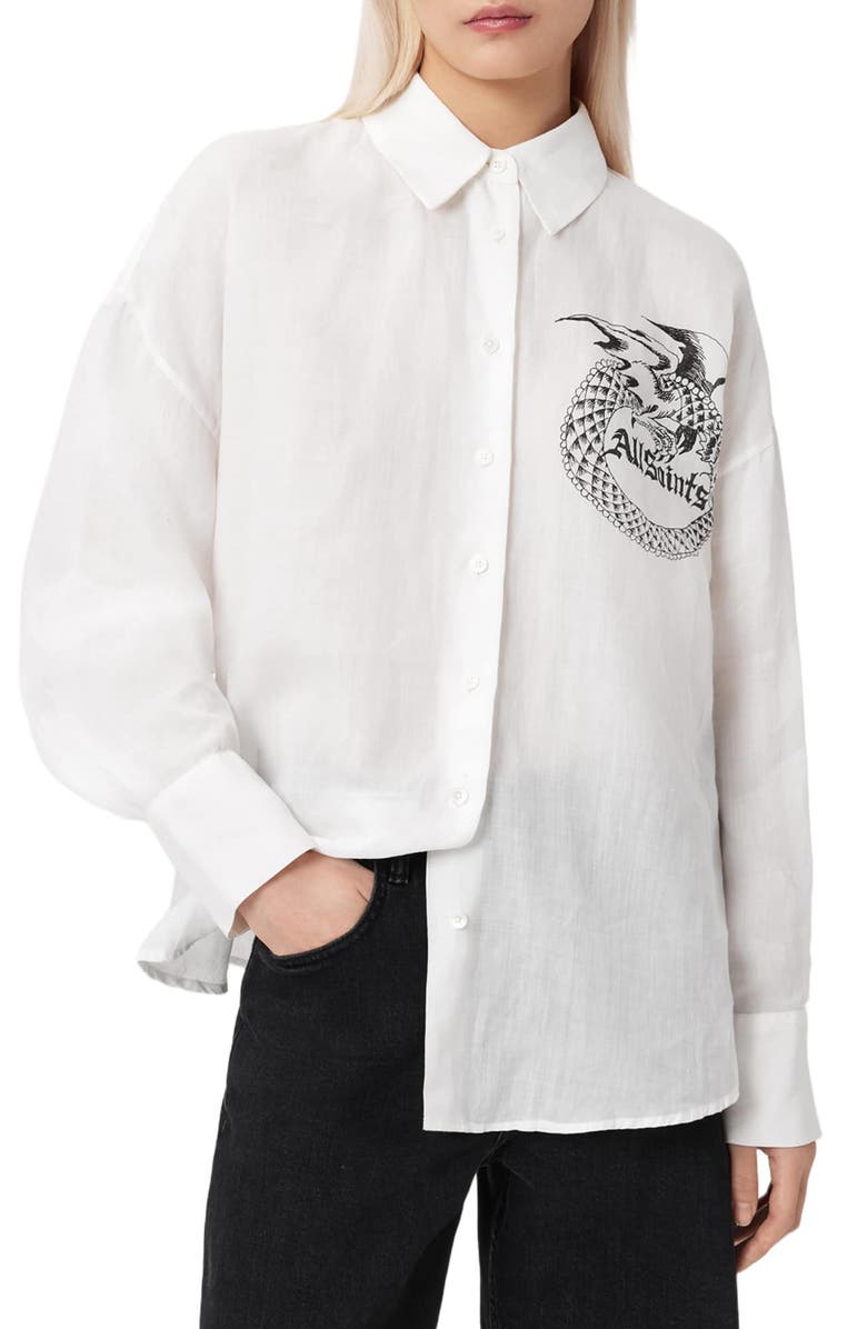 AllSaints Sparrow Logo Graphic Woven Shirt, Main, color, White