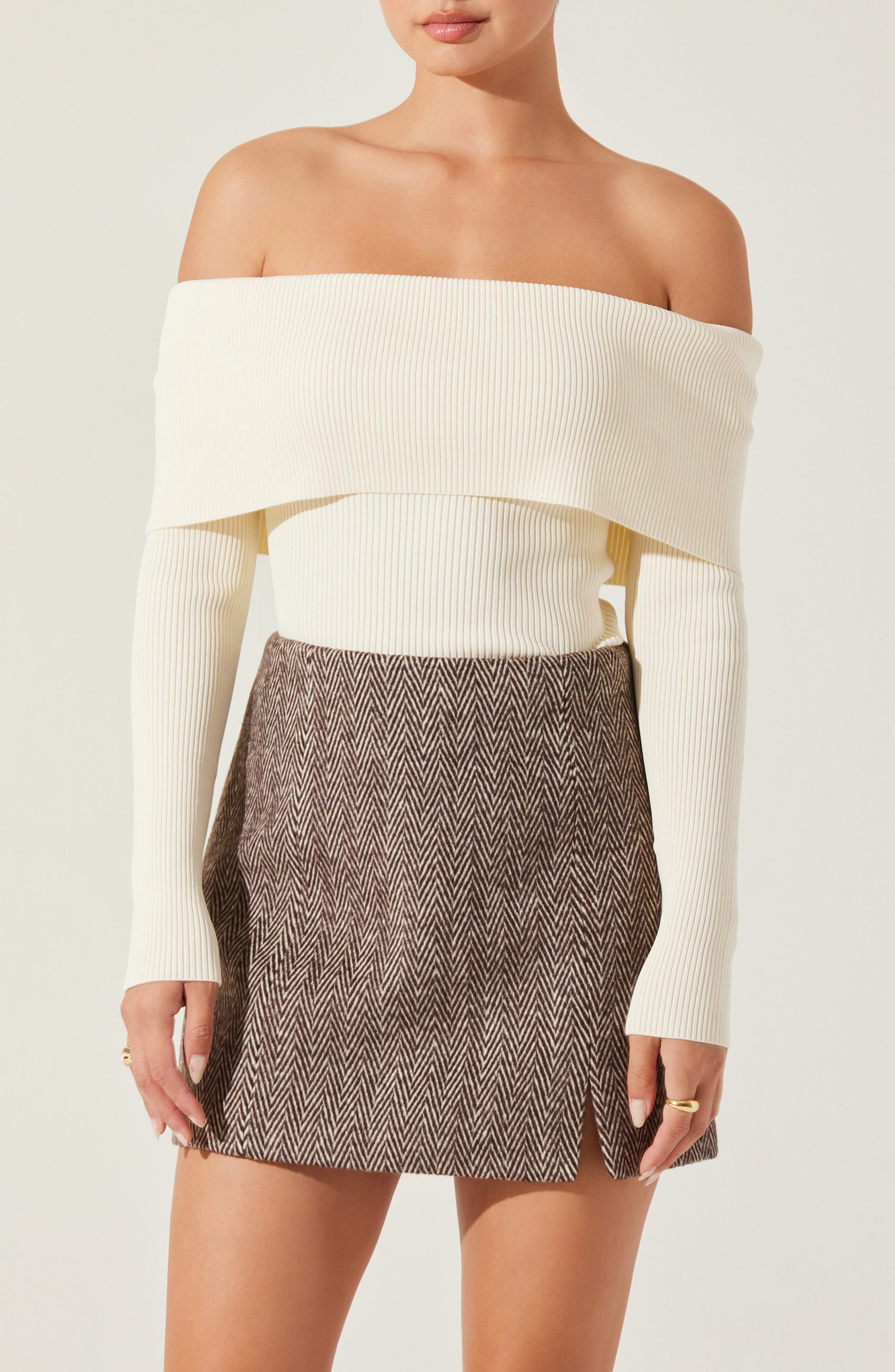 ASTR the Label Foldover Off the Shoulder Rib Sweater