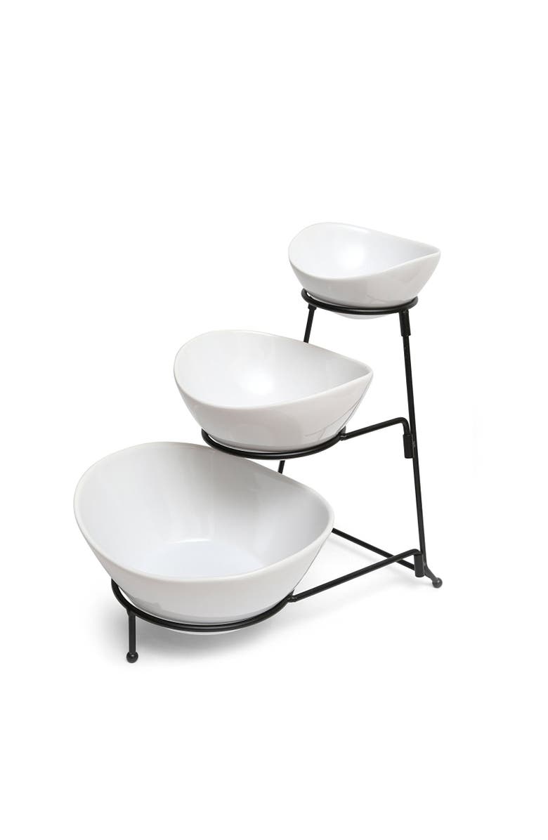 Gibson Gracious Dining 3 Tier Bowl Server Set with Metal Stand, Main, color, White