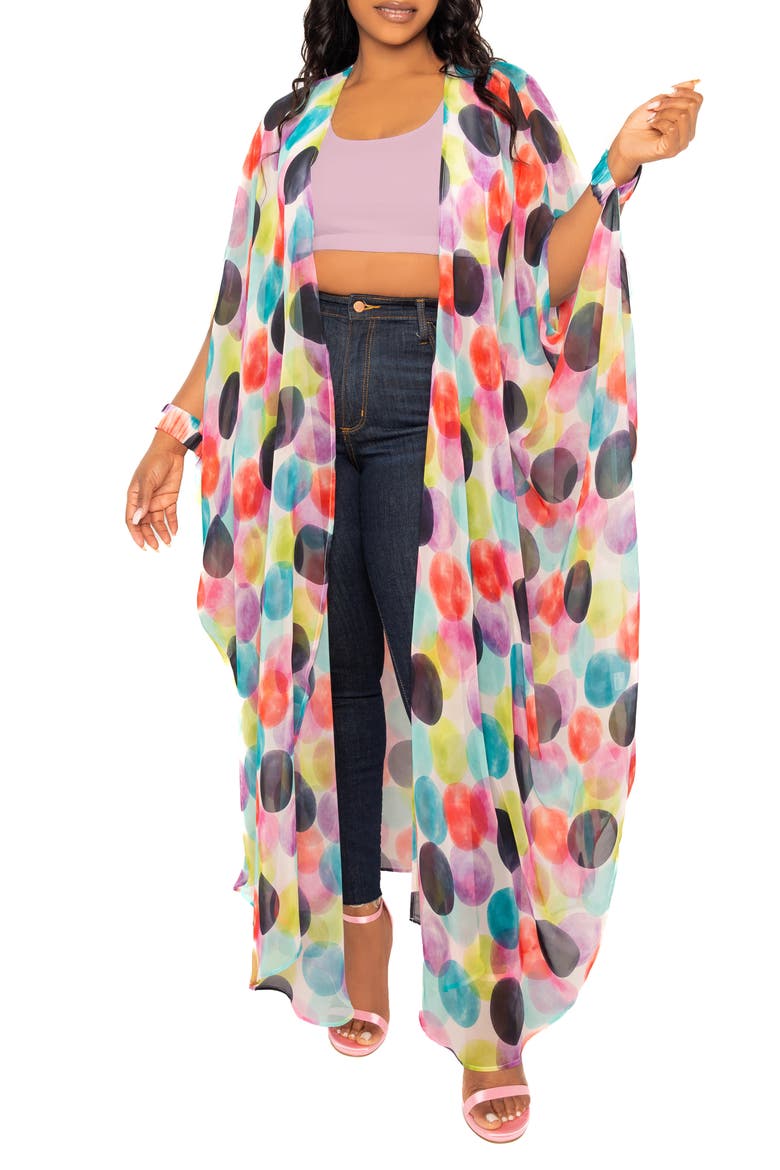 Polka Dot Print Chiffon Robe with Wrist Bands, Alternate, color, VIOLET MULTI