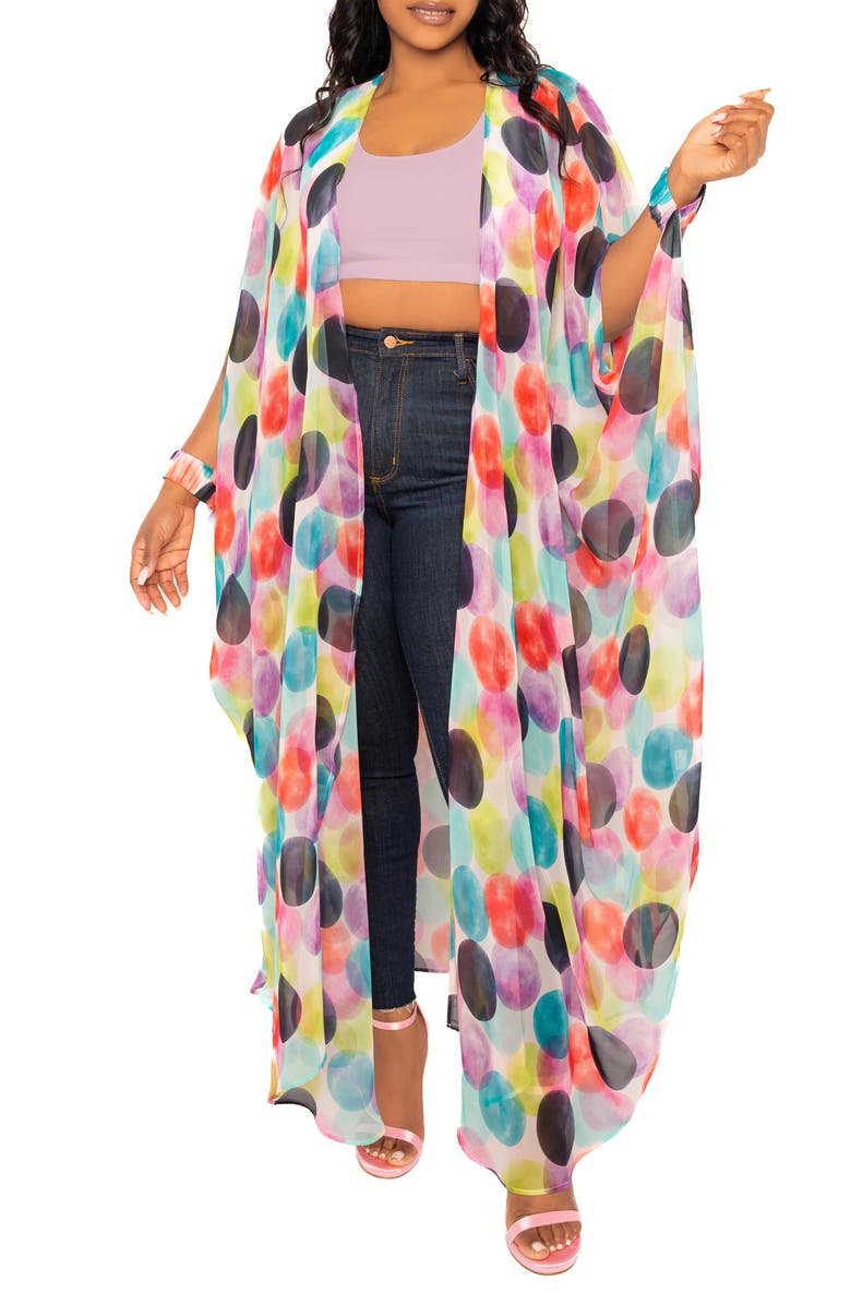 BUXOM COUTURE Polka Dot Print Chiffon Robe with Wrist Bands, Alternate, color, Violet Multi