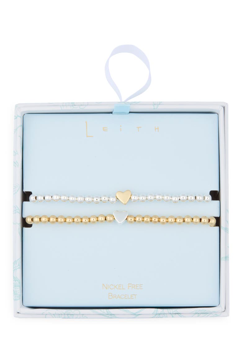 Set of 2 Bead Heart Bracelets, Main, color, GOLD- SILVER