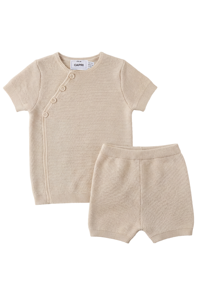 Boy Wrap Cotton Knit Decorative Stitch Button Top and Shorts Set, Main, color, Dark Almond