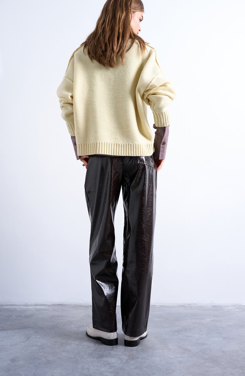 Topshop Pleat Front Straight Leg Faux Leather Pants, Alternate, color, Brown