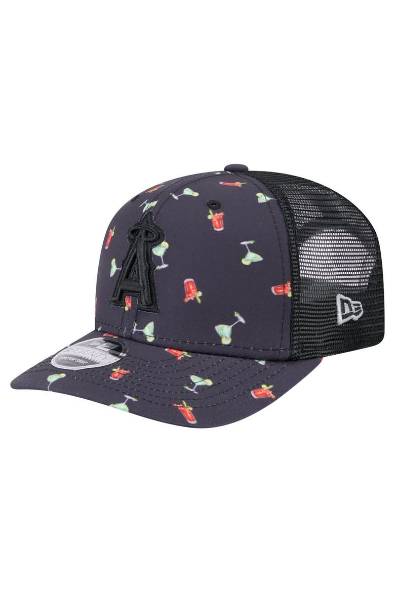 Men's New Era Black Los Angeles Angels Adventure Drinks Pattern 9SEVENTY Stretch-Snap Hat, Main, color, Navy