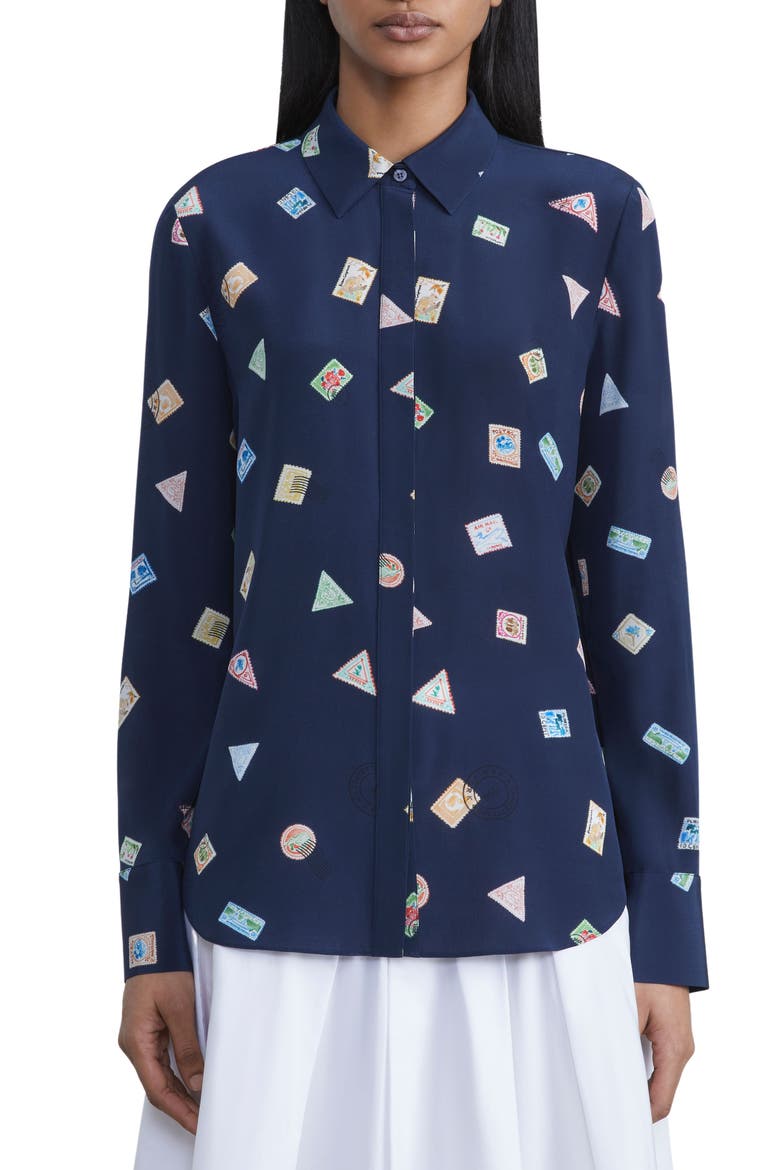 Scottie Postage Stamp Print Silk Button-Up Shirt, Main, color, MIDNIGHT BLUE MULTI