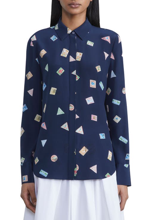 Scottie Postage Stamp Print Silk Button-Up Shirt
