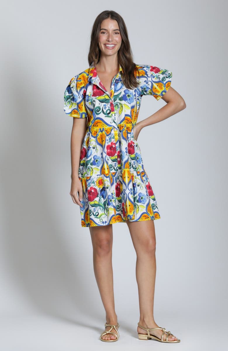 APNY Floral Ruffle Hem Cotton Mini Shirtdress, Alternate, color, Blue Multi