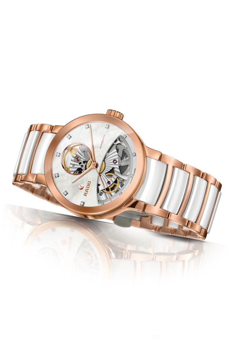 Centrix Open Heart Automatic Diamond Ceramic Bracelet Watch, 33mm, Alternate, color, WHITE/ MOP/ ROSE GOLD