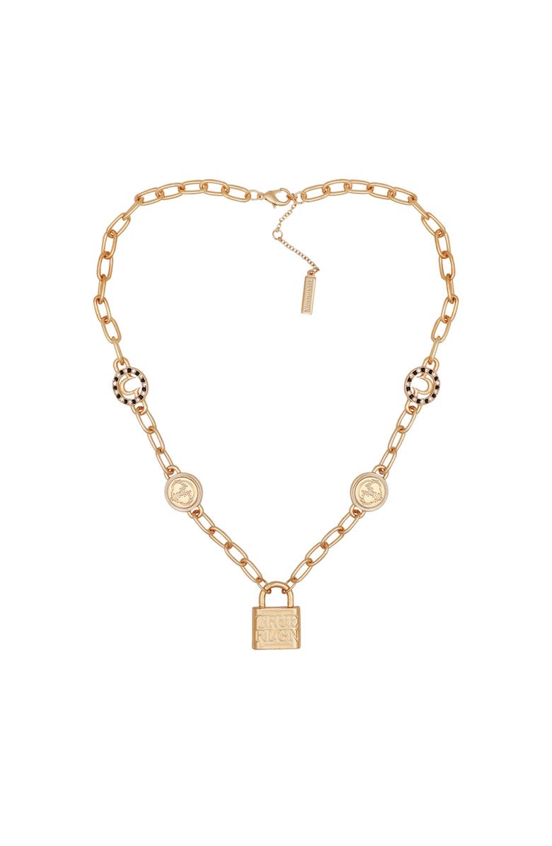 True Religion Lock & Logo Necklace, Main, color, Goldtone