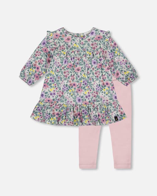 Deux Par Deux Muslin Dress And Solid Leggings Set In Multi