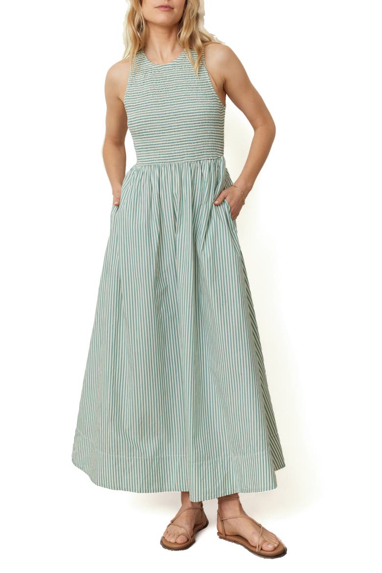 Smocked Sleeveless Dress, Main, color, DEEP SEA/WHITE STRIPE