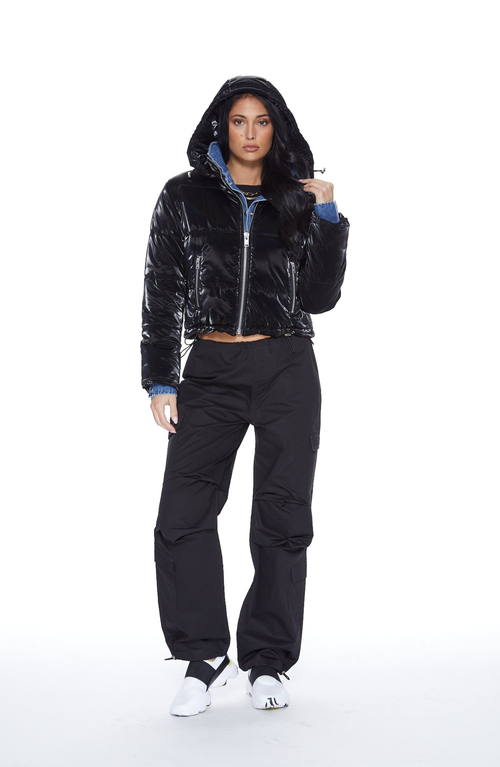 Blue Revival In The Mix Denim Shiny Puffer Jacket In Black/denim