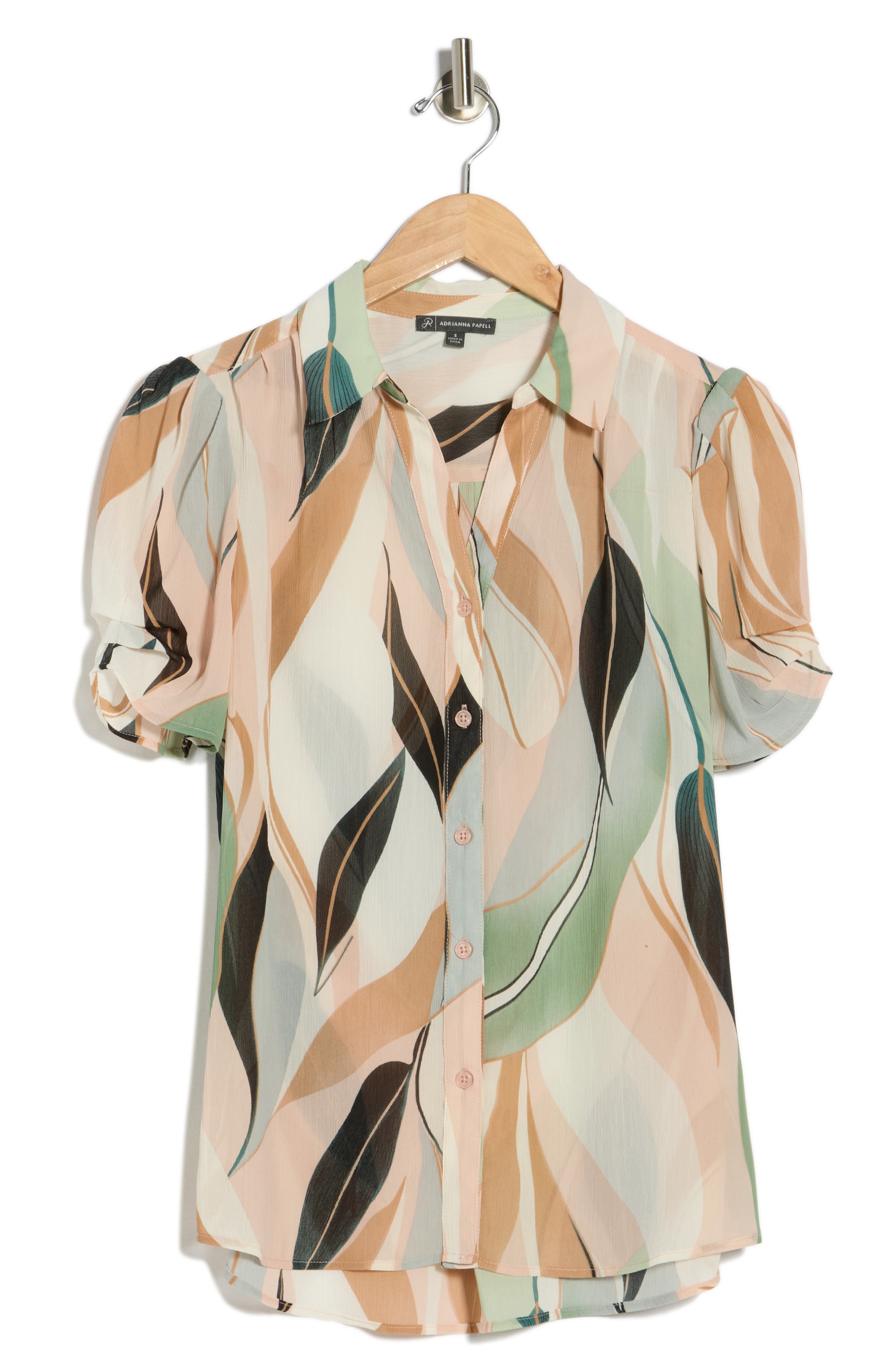 Adrianna Papell Patterned Pinch Sleeve Button-Up Shirt