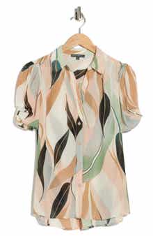 Adrianna Papell Patterned Pinch Sleeve Button-Up Shirt