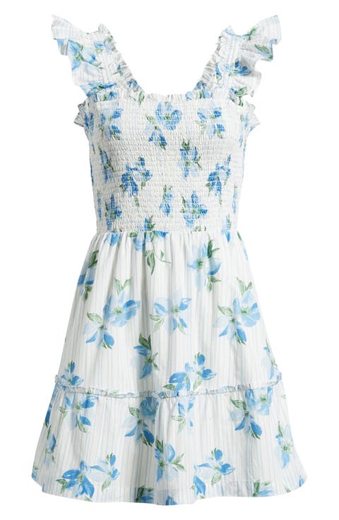 Smocked Tiered Cotton Ruffle Trim Minidress