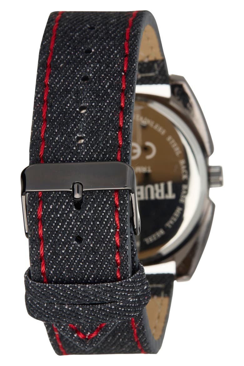 Quartz Denim Strap Watch, 43mm, Alternate, color, BLACK