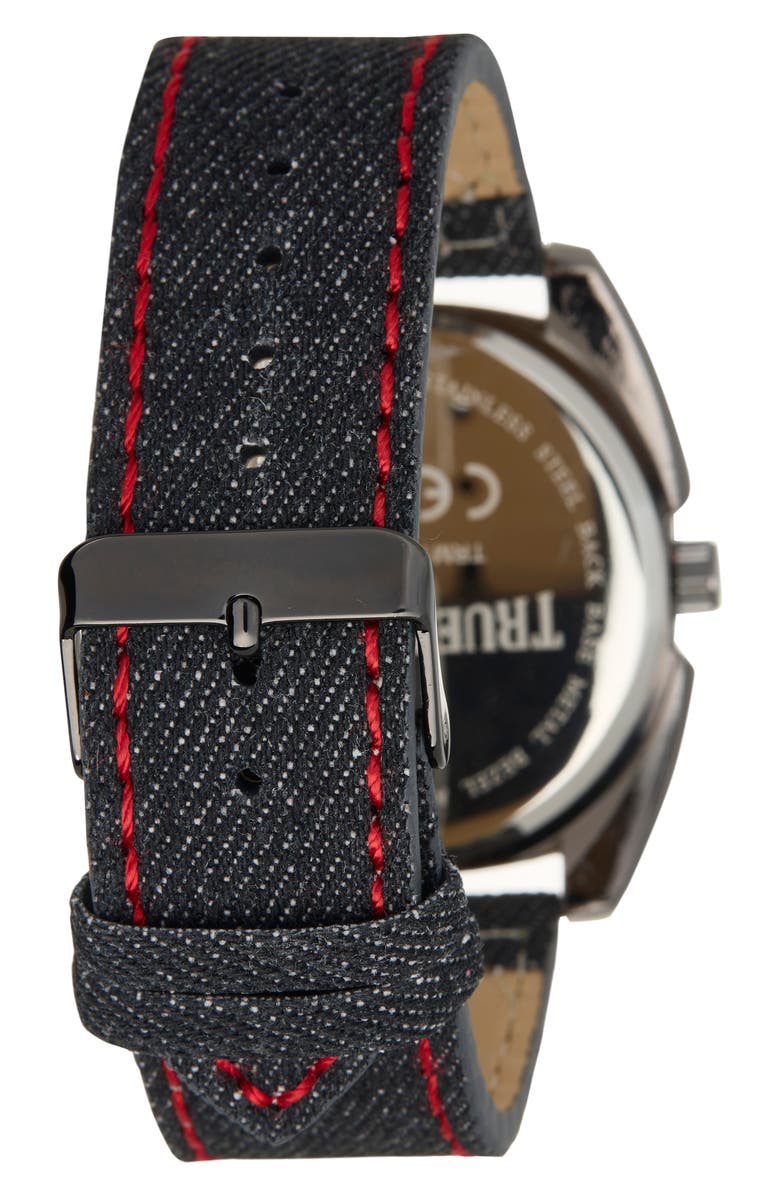 True Religion Quartz Denim Strap Watch, 43mm, Alternate, color, Black