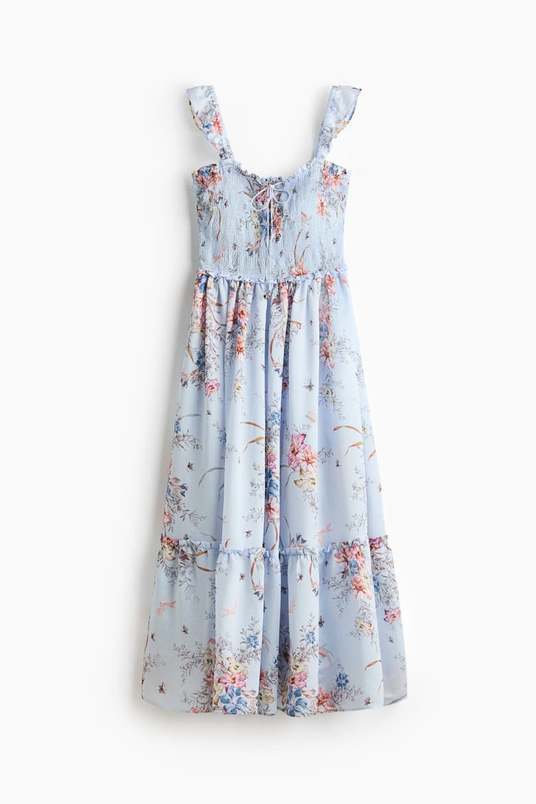 Frill-trimmed Smocked-bodice Dress, Main, color, Light blue/floral