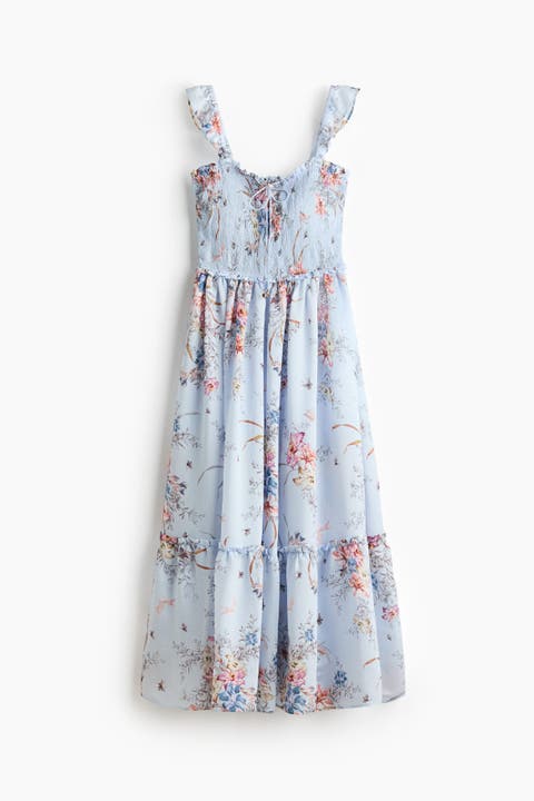 Frill-trimmed Smocked-bodice Dress