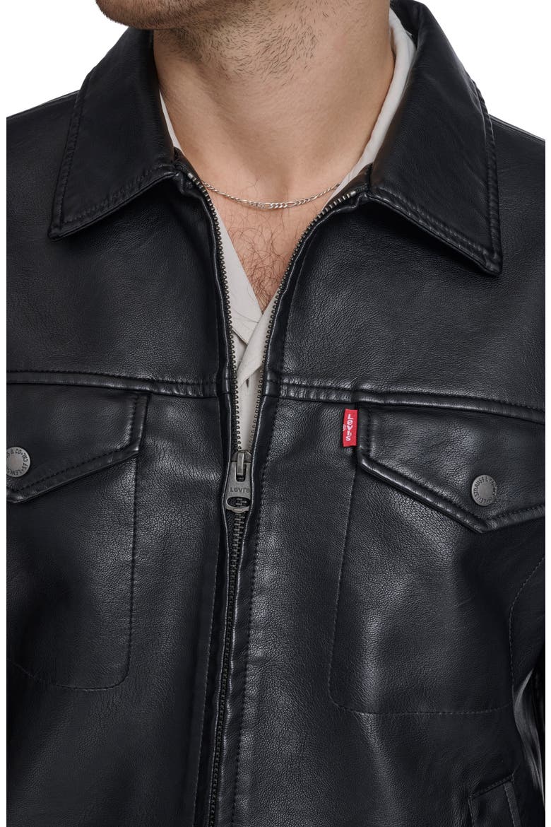 Faux Leather Trucker Jacket, Alternate, color, BLACK
