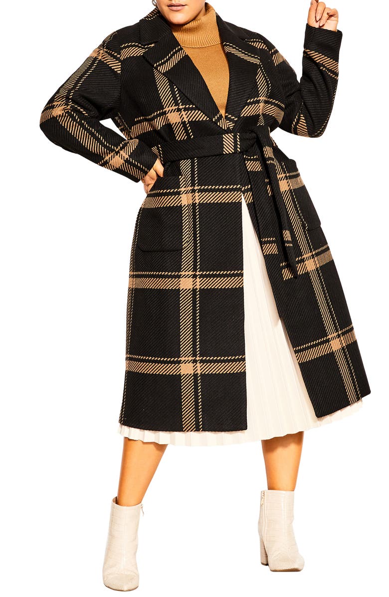 City Chic Checkmate Tie Waist Coat, Main, color,