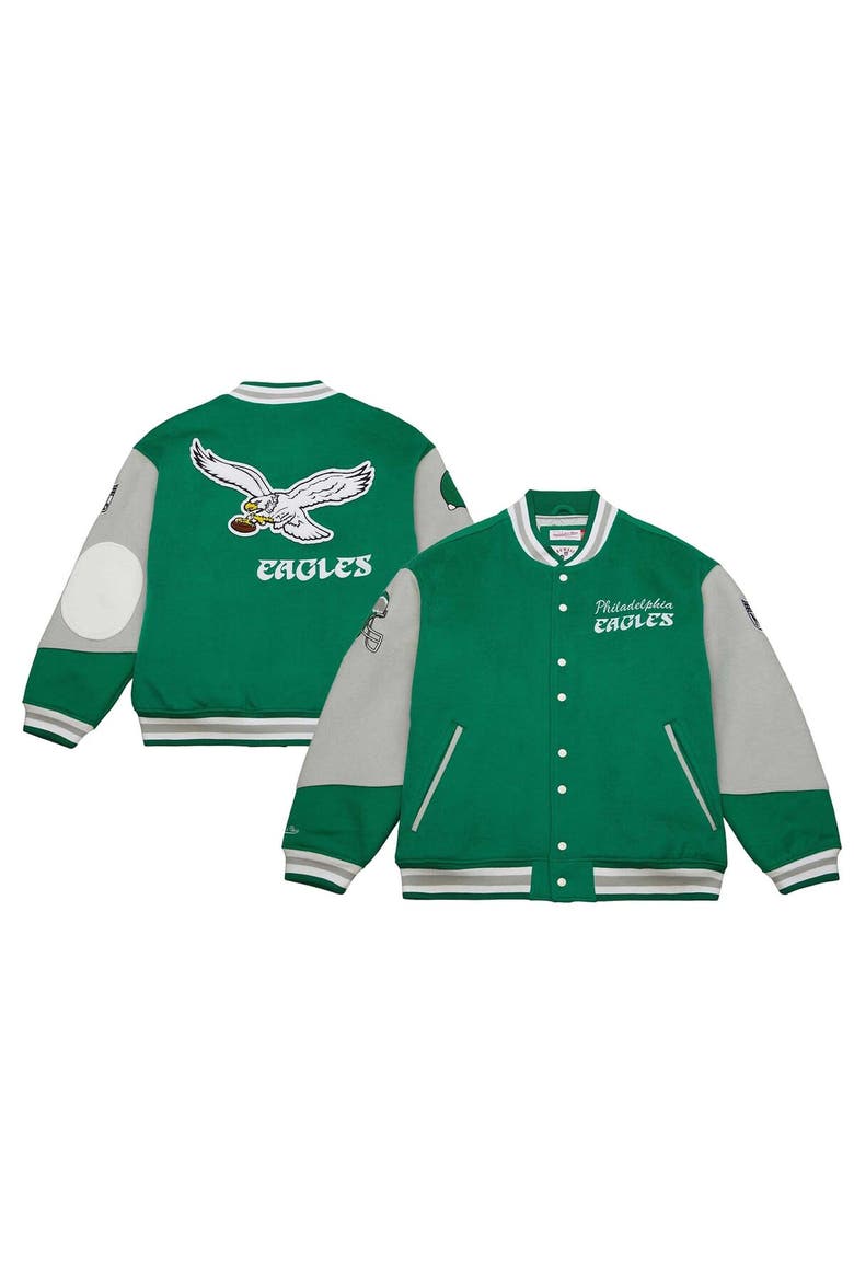 Unisex Mitchell & Ness Kelly Green Philadelphia Eagles Varsity Team Full-Snap Jacket, Main, color, Kelly Green