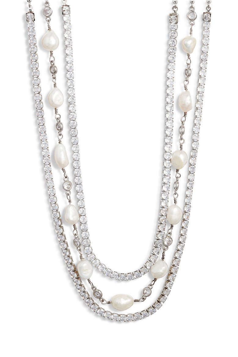 Freshwater Pearl & Cubic Zirconia Layered Choker, Alternate, color, SILVER