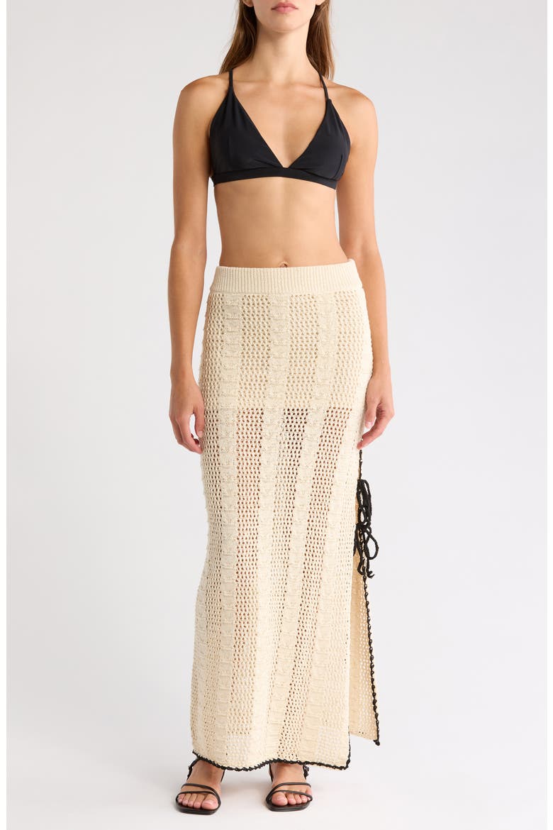 Open Stitch Side Slit Cover-Up Maxi Skirt, Main, color, NAT BLACK BORDER