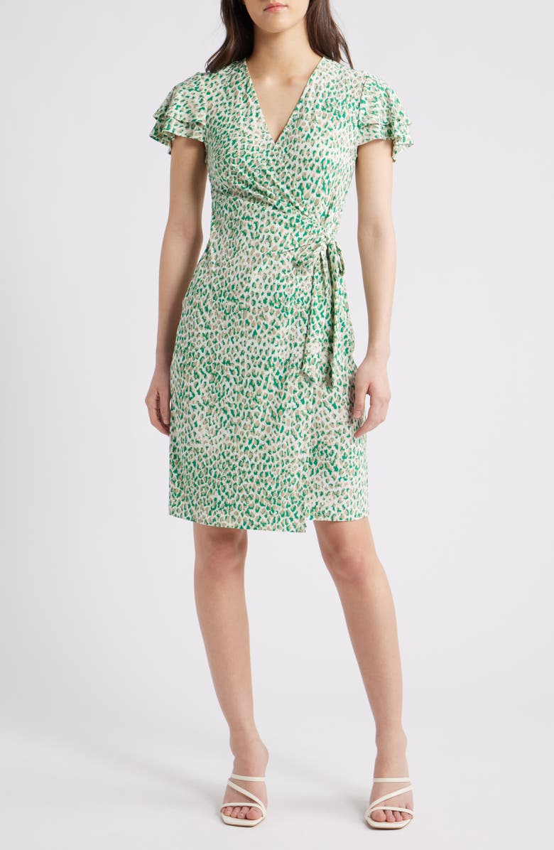 Anne Klein Animal Print Flutter Sleeve Wrap Dress, Main, color, Tropical Green Multi