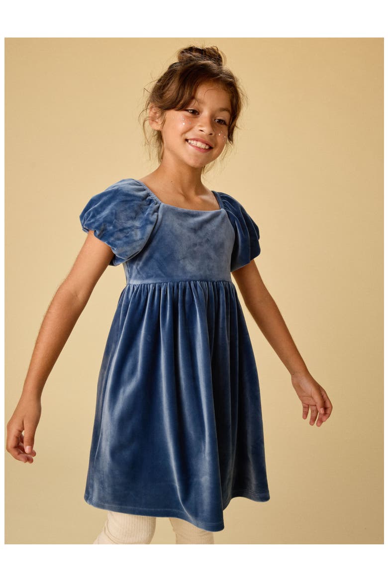 Puff Shoulder Velour Dress, Alternate, color, NAVAL BLUE