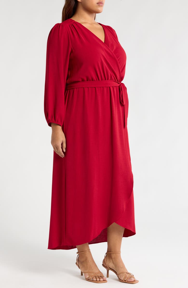 Connected Apparel Tie Waist Long Sleeve Wrap Dress, Alternate, color, Garnet