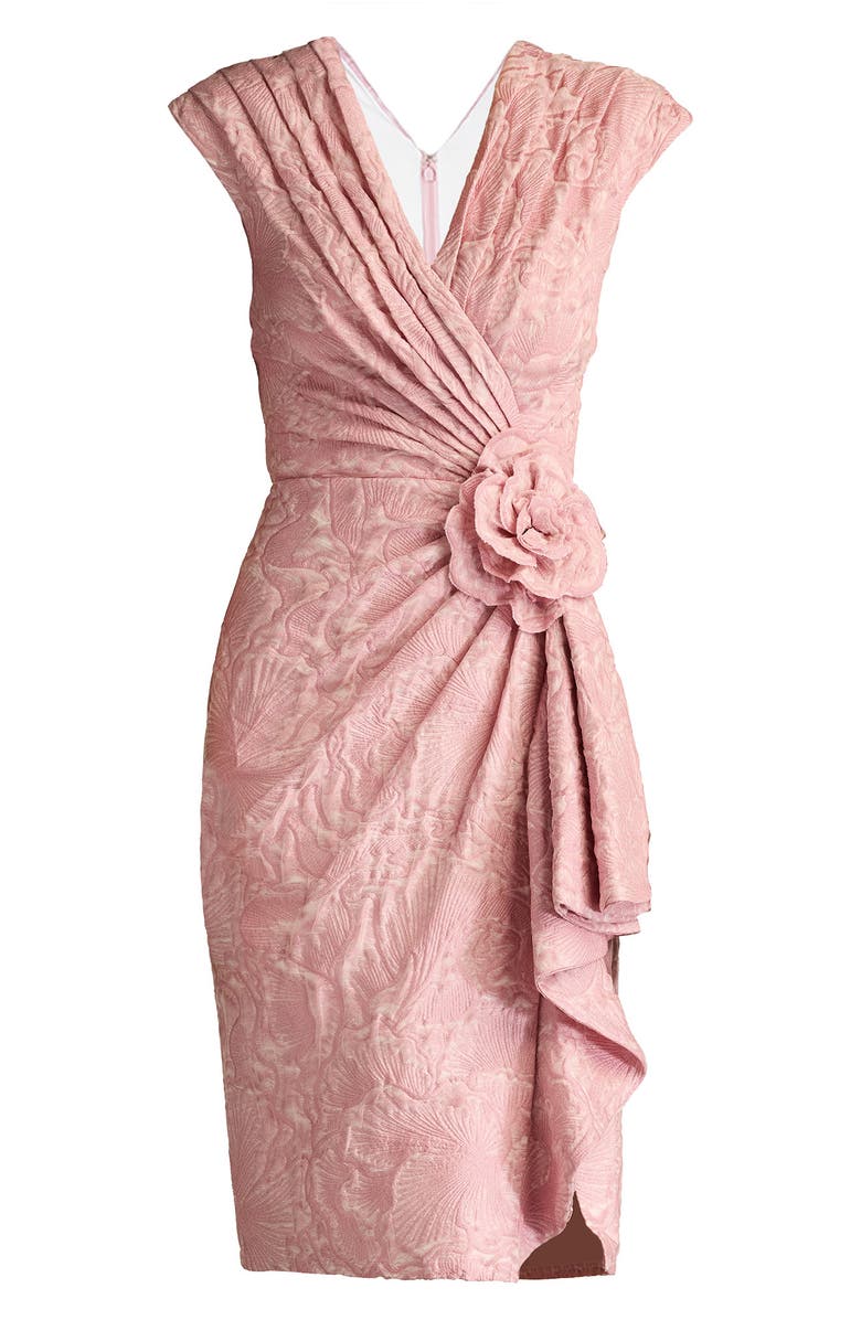 Tadashi Shoji Metallic Floral Jacquard Rosette Detail Cocktail Sheath Dress, Alternate, color, Desert Rose