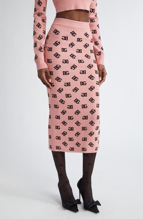 Dolce & Gabbana Pink Skirt With Pencil Design And All-over Printed Dg Logo In Viscose Blend Woman In Rosa Polvere Scuro