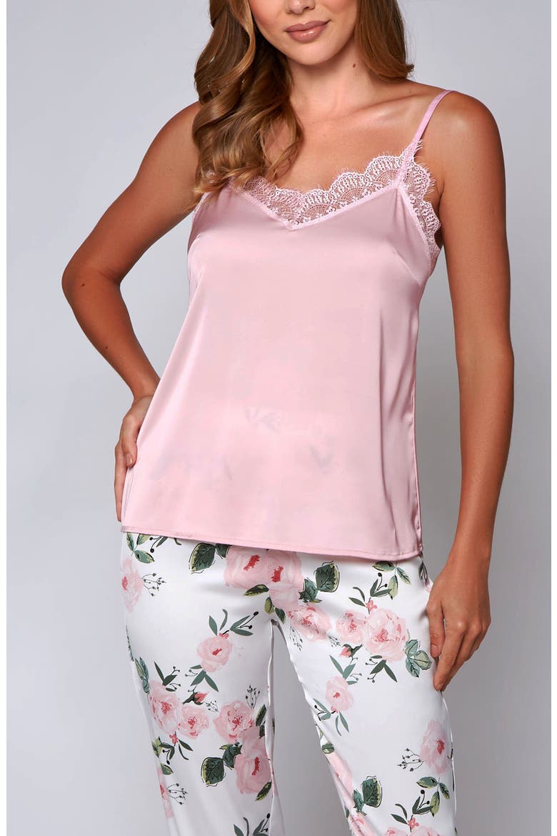Lace Trim Satin Cami & Floral Pants Pajama Set, Alternate, color, Pink