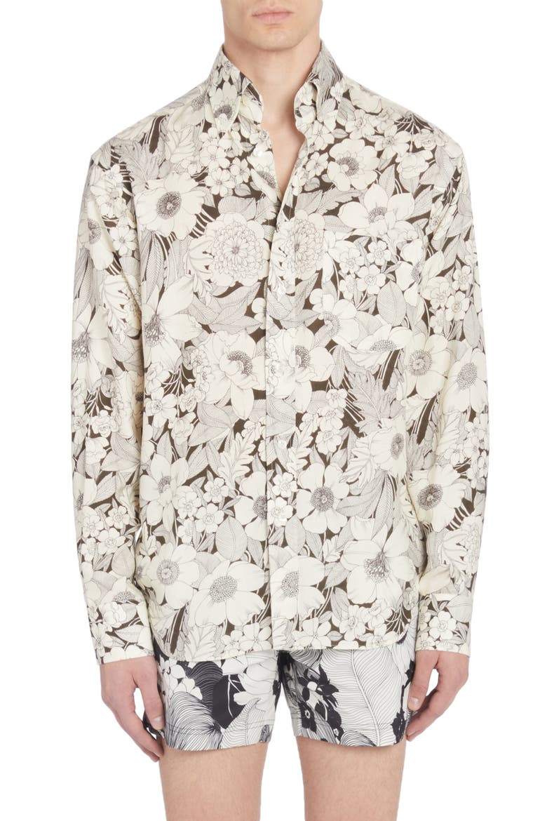 Fluid Fit Floral Print Button-Down Shirt, Main, color, COMBO WHITE/ BLACK
