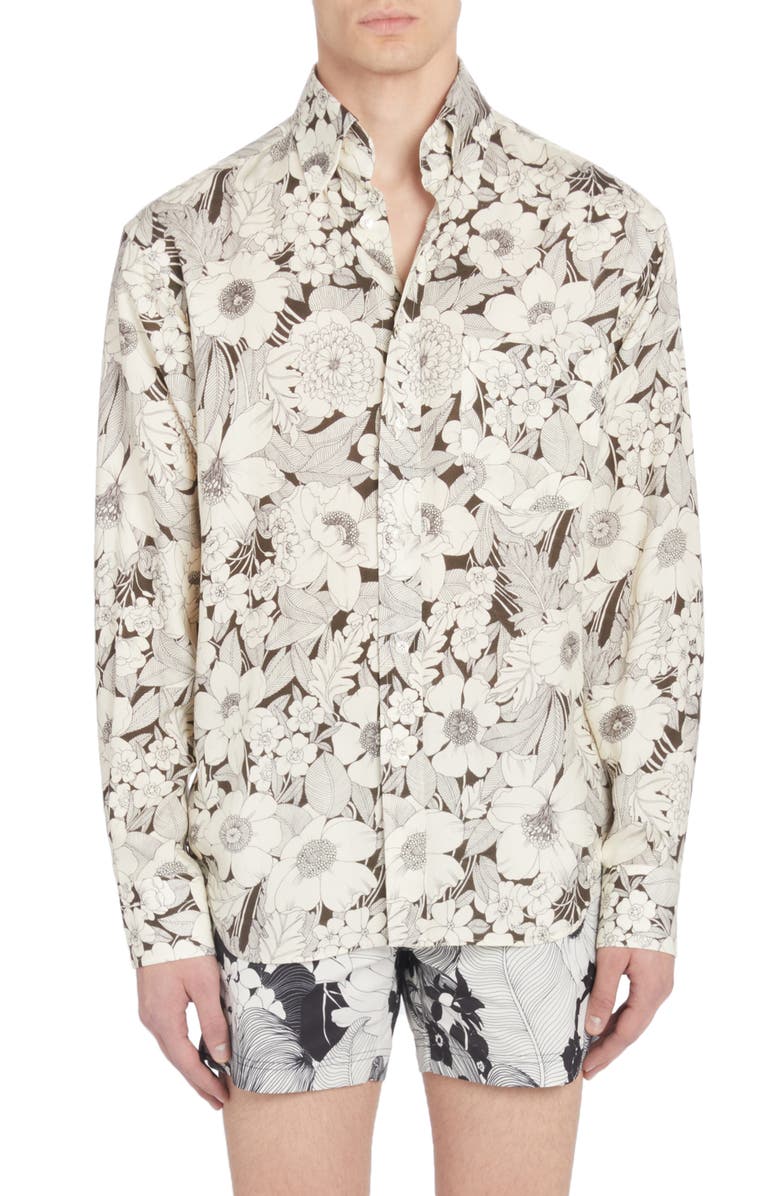 TOM FORD Fluid Fit Floral Print Button-Down Shirt, Main, color,