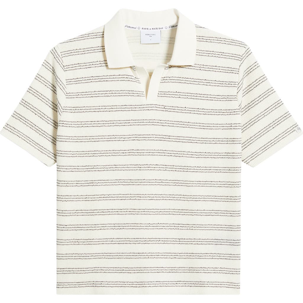 Percival Laurent Stripe Johnny Collar Cotton Blend Polo In Neutral