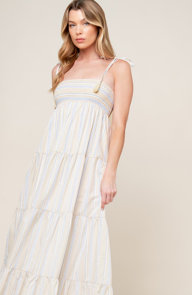 FLYING TOMATO Tied Shoulder Maxi Dress, Alternate, color, Taupe/ Blue