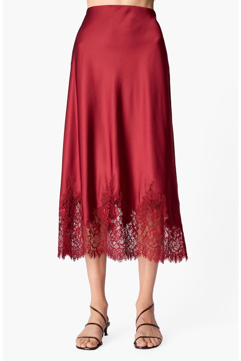 Vivienne Floral Lace Panel Stretch Silk Midi Skirt, Main, color, COMPOTE