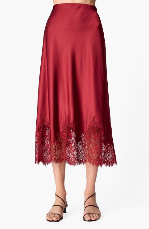 Vivienne Floral Lace Panel Stretch Silk Midi Skirt