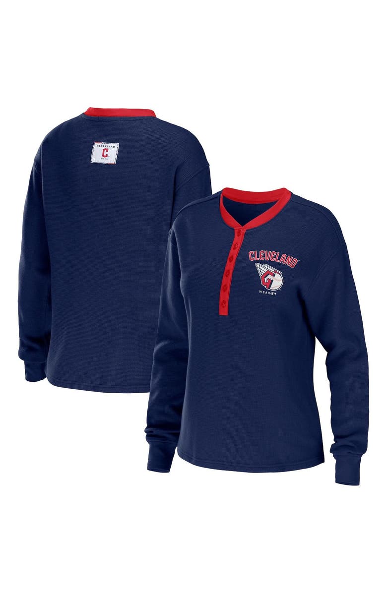 WEAR by Erin Andrews Women's WEAR by Erin Andrews Navy Cleveland Guardians Waffle Henley Long Sleeve T-Shirt, Main, color, 