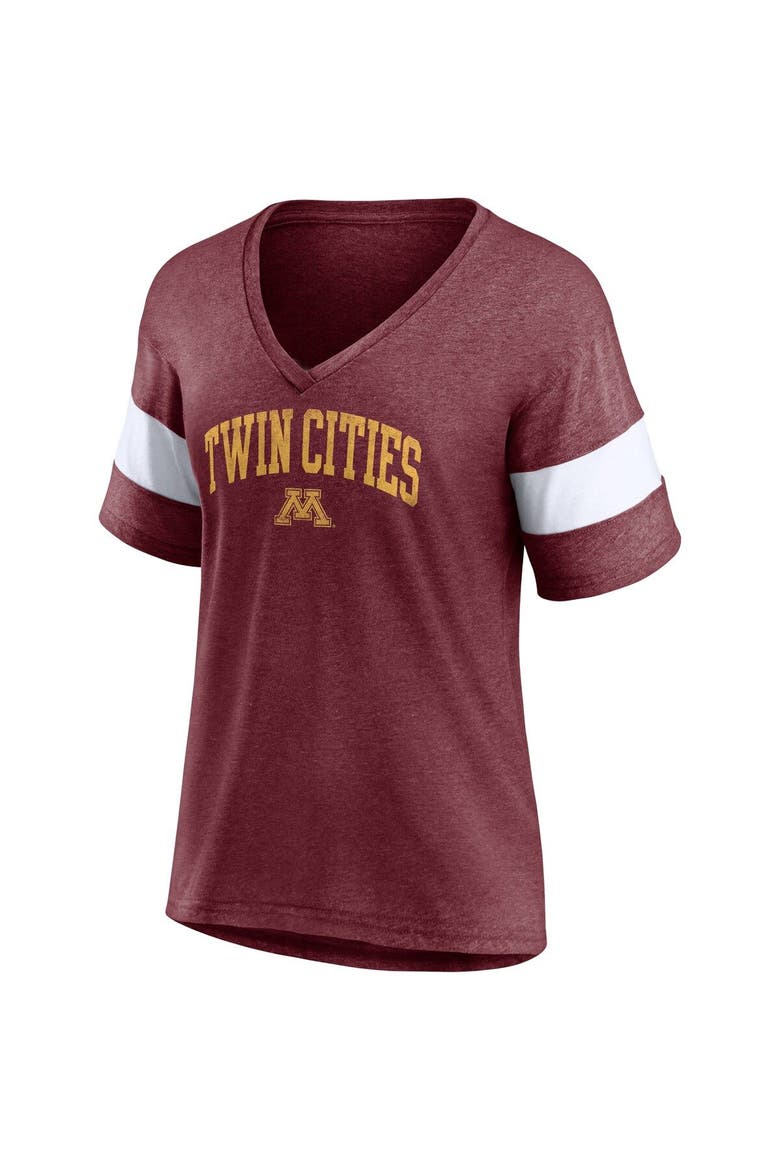 Women's Fanatics Branded Heathered Maroon Minnesota Golden Gophers Arched City Sleeve-Striped Tri-Blend V-Neck T-Shirt, Alternate, color, Heather Maroon