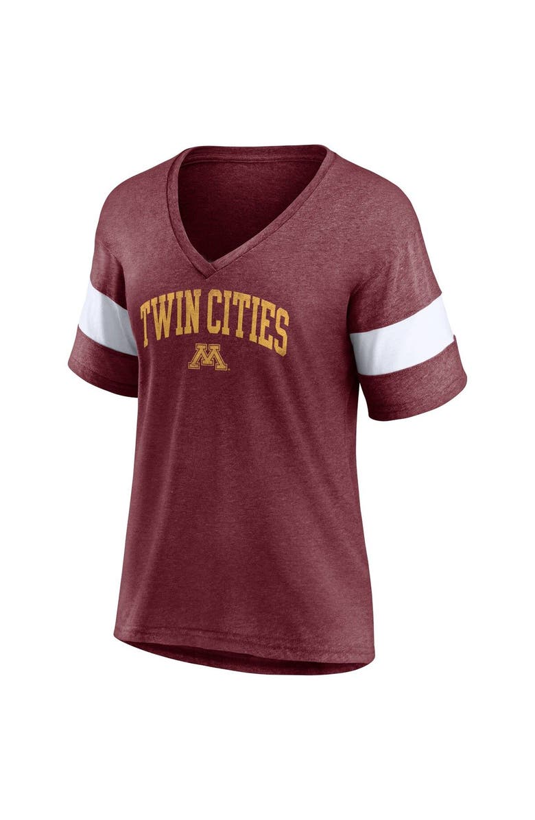 FANATICS Women's Fanatics Branded Heathered Maroon Minnesota Golden Gophers Arched City Sleeve-Striped Tri-Blend V-Neck T-Shirt, Alternate, color,
